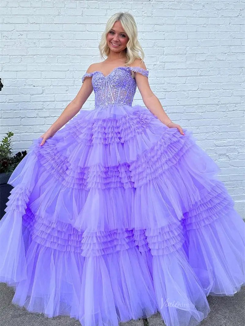 Sparkly Ruffle Tulle Prom Dresses Tiered Formal Dresses FD3395B-prom dresses 2025 -Viniodress-Blue-Custom Size-