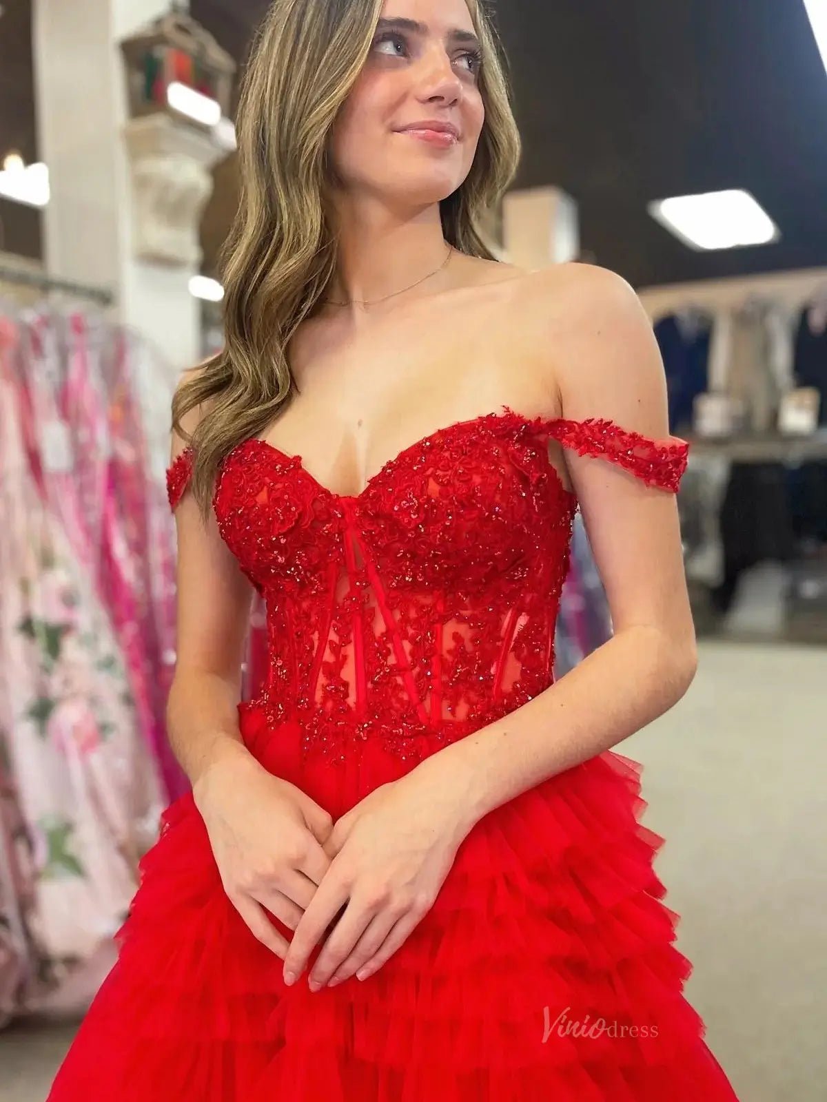 Sparkly Ruffle Tulle Prom Dresses Tiered Formal Dresses FD3395B-prom dresses 2025 -Viniodress-Blue-Custom Size-