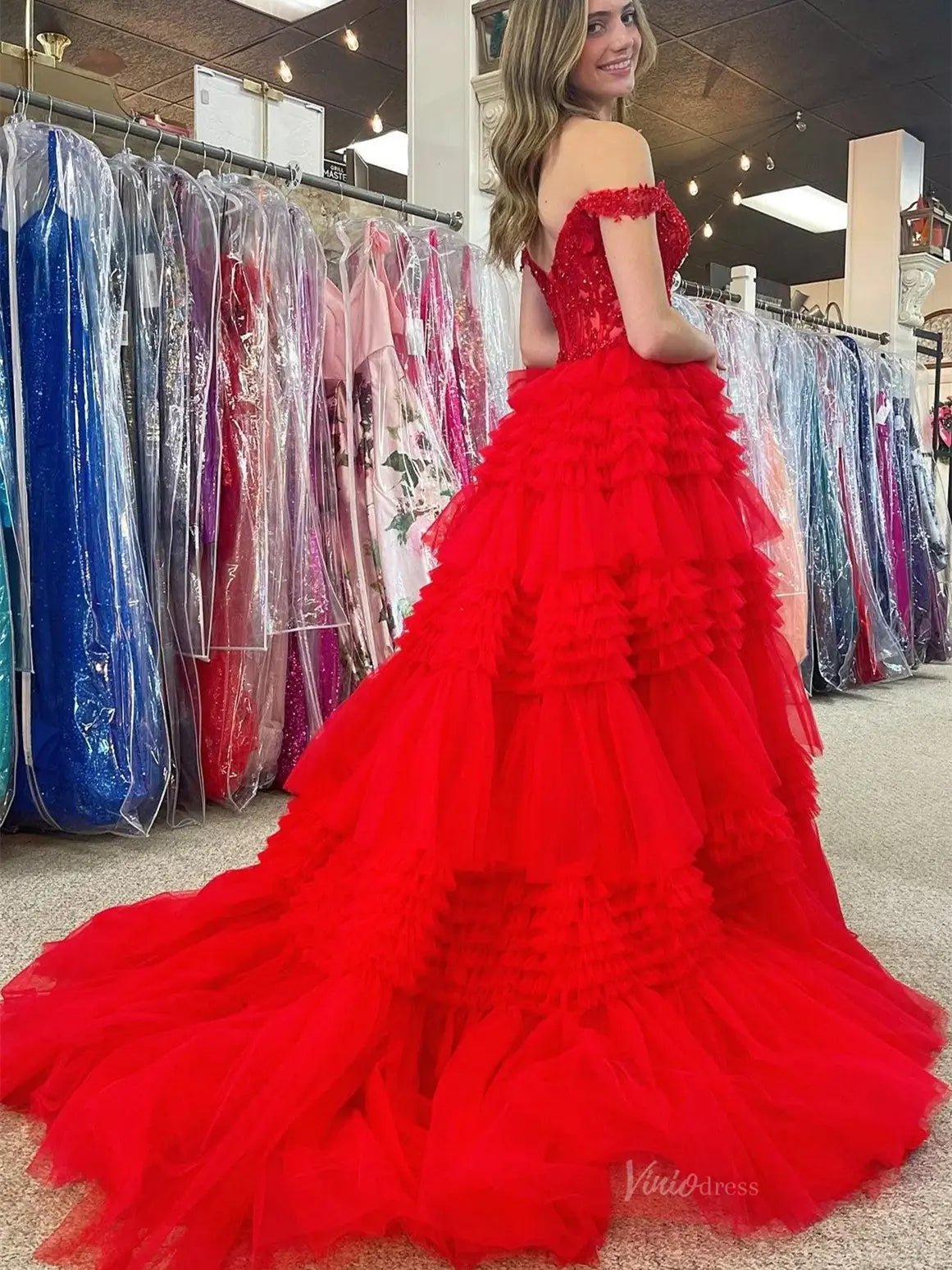 Sparkly Ruffle Tulle Prom Dresses Tiered Formal Dresses FD3395B-prom dresses 2025 -Viniodress-Blue-Custom Size-