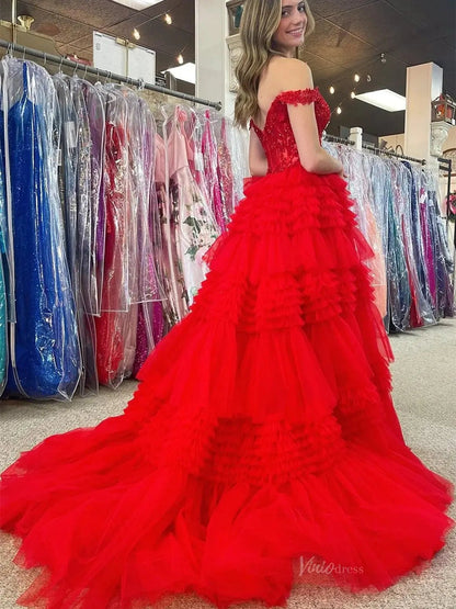 Sparkly Ruffle Tulle Prom Dresses Tiered Formal Dresses FD3395B-prom dresses 2025 -Viniodress-Blue-Custom Size-