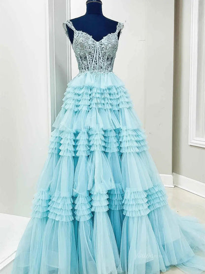 Sparkly Ruffle Tulle Prom Dresses Tiered Formal Dresses FD3395B-prom dresses 2025 -Viniodress-Blue-Custom Size-