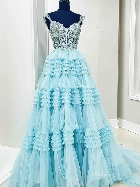 Sparkly Ruffle Tulle Prom Dresses Tiered Formal Dresses FD3395B-prom dresses 2025 -Viniodress-Blue-Custom Size-