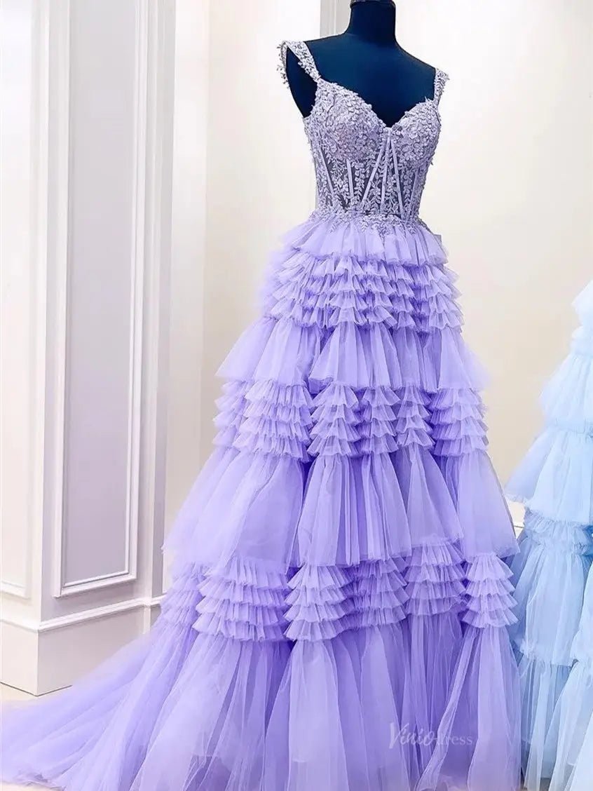 Sparkly Ruffle Tulle Prom Dresses Tiered Formal Dresses FD3395B-prom dresses 2025 -Viniodress-Lavender-Custom Size-