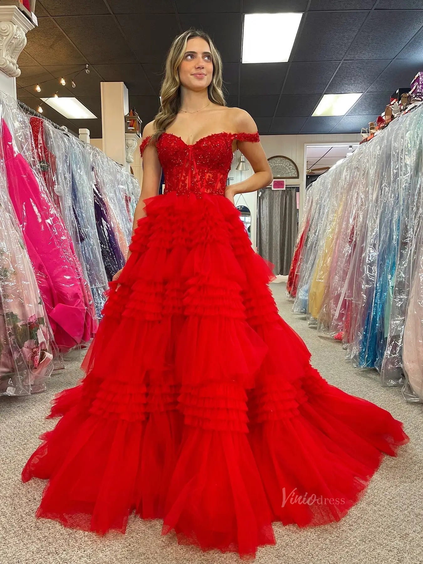 Sparkly Ruffle Tulle Prom Dresses Tiered Formal Dresses FD3395B-prom dresses 2025 -Viniodress-Red-Custom Size-