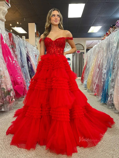 Sparkly Ruffle Tulle Prom Dresses Tiered Formal Dresses FD3395B-prom dresses 2025 -Viniodress-Red-Custom Size-