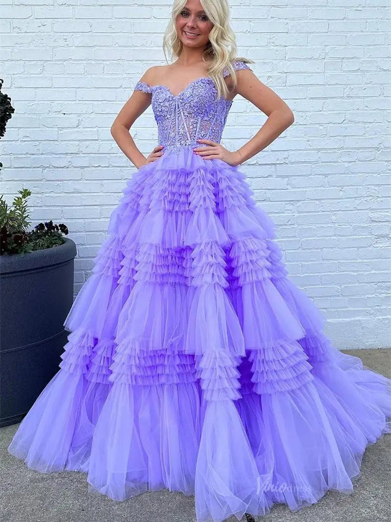 Sparkly Ruffle Tulle Prom Dresses Tiered Formal Dresses FD3395B - Viniodressprom dressesBlueCustom Size - Formal Dresses - Ball Gowns