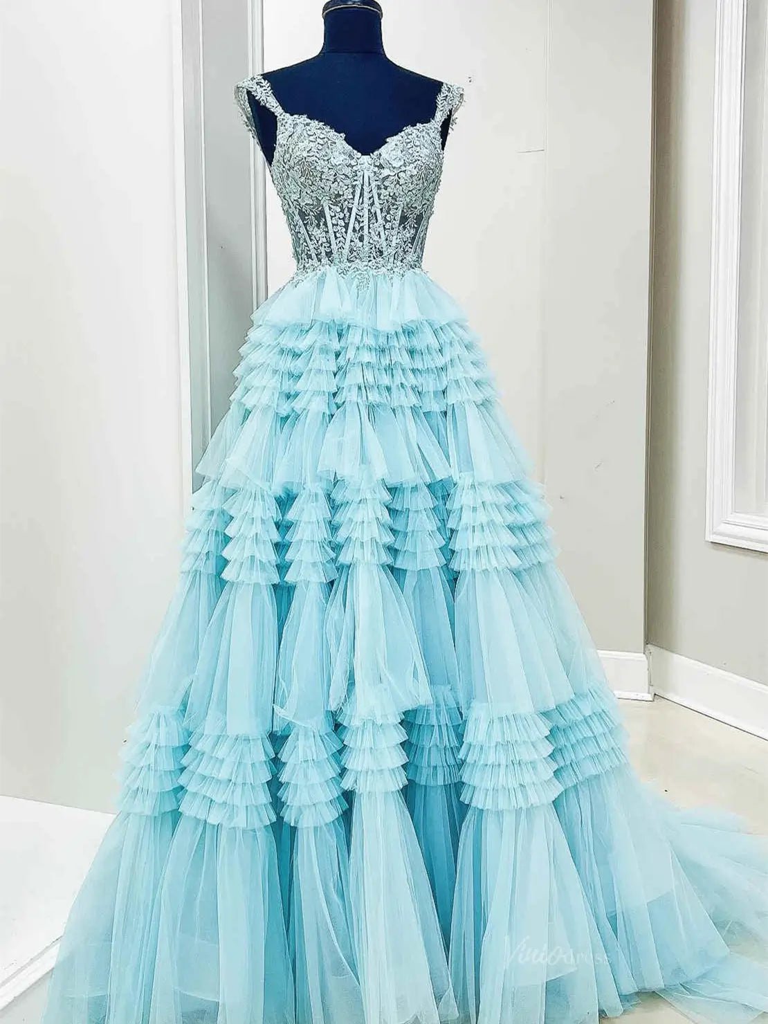 Sparkly Ruffle Tulle Prom Dresses Tiered Formal Dresses FD3395B - Viniodressprom dressesBlueCustom Size - Formal Dresses - Ball Gowns