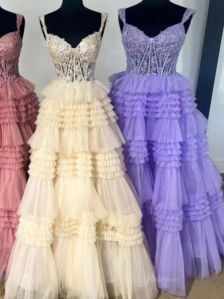 Sparkly Ruffle Tulle Prom Dresses Tiered Formal Dresses FD3395B - Viniodressprom dressesChampagneCustom Size - Formal Dresses - Ball Gowns