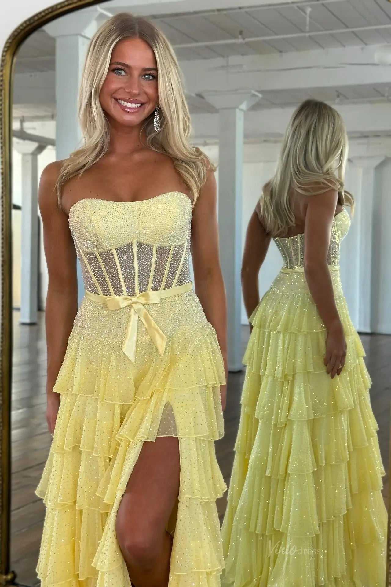 Sparkly Ruffled Prom Dresses Strapless Corset Tiered Evening Gown with Slit RF096-prom dresses 2026-Viniodress-Yellow-Custom Size – Add Measurements in Cart-