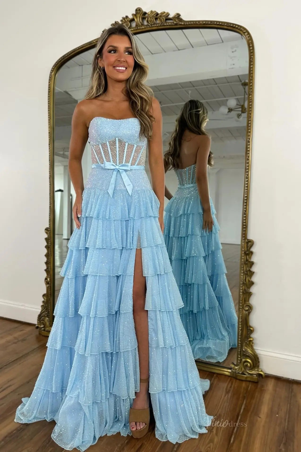 Sparkly Ruffled Prom Dresses Strapless Corset Tiered Evening Gown with Slit RF096-prom dresses 2026-Viniodress-Yellow-Custom Size – Add Measurements in Cart-