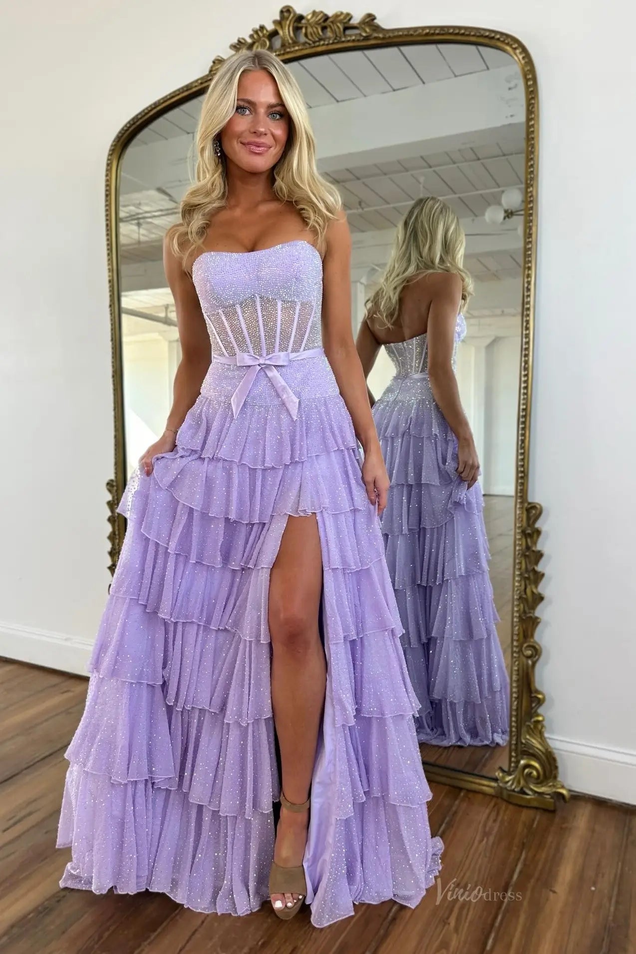 Sparkly Ruffled Prom Dresses Strapless Corset Tiered Evening Gown with Slit RF096-prom dresses 2026-Viniodress-Yellow-Custom Size – Add Measurements in Cart-