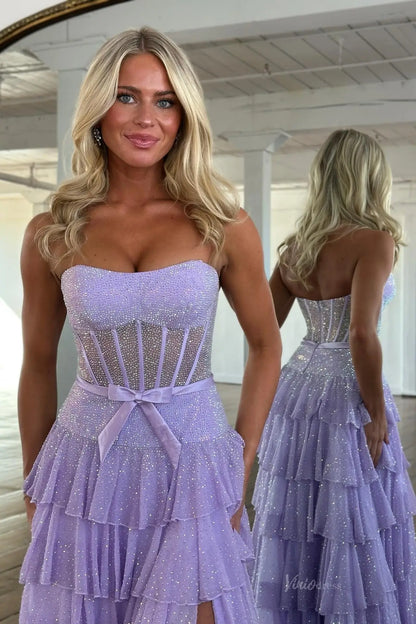 Sparkly Ruffled Prom Dresses Strapless Corset Tiered Evening Gown with Slit RF096-prom dresses 2026-Viniodress-Yellow-Custom Size – Add Measurements in Cart-