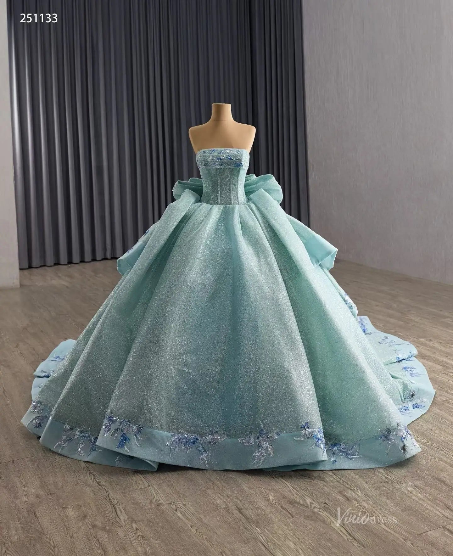 Sparkly Sage Blue Quinceañera Dress | Strapless Ball Gown with Bow Back, Floral Appliques & 1m Train 251133-Quinceanera Dresses 2025 -Viniodress-Sage Blue-Custom Size-