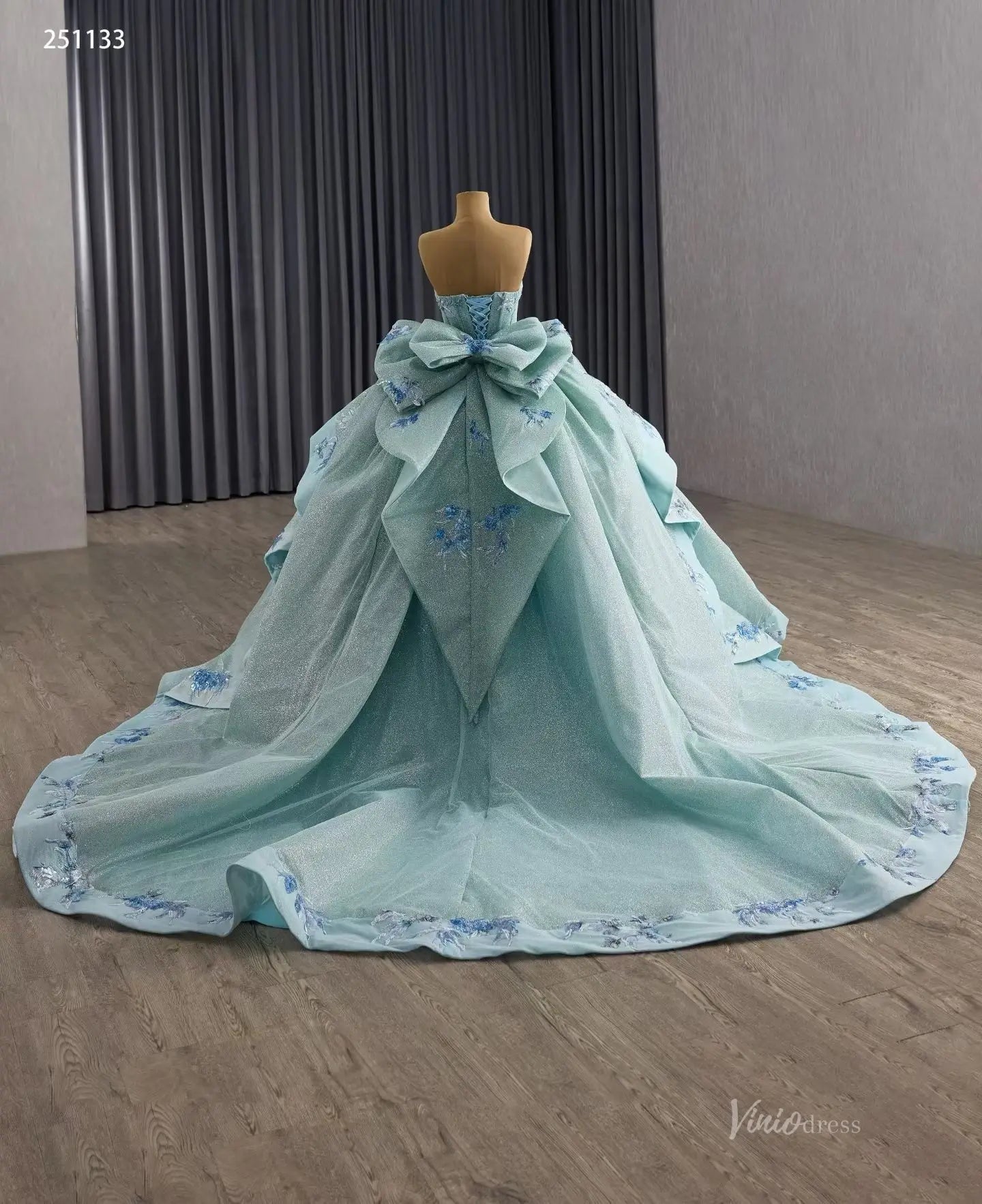 Sparkly Sage Blue Quinceañera Dress | Strapless Ball Gown with Bow Back, Floral Appliques & 1m Train 251133-Quinceanera Dresses 2025 -Viniodress-Sage Blue-Custom Size-