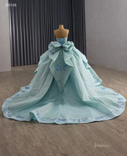 Sparkly Sage Blue Quinceañera Dress | Strapless Ball Gown with Bow Back, Floral Appliques & 1m Train 251133-Quinceanera Dresses 2025 -Viniodress-Sage Blue-Custom Size-