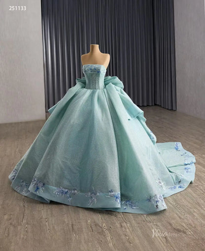 Sparkly Sage Blue Quinceañera Dress | Strapless Ball Gown with Bow Back, Floral Appliques & 1m Train 251133-Quinceanera Dresses 2025 -Viniodress-Sage Blue-Custom Size-
