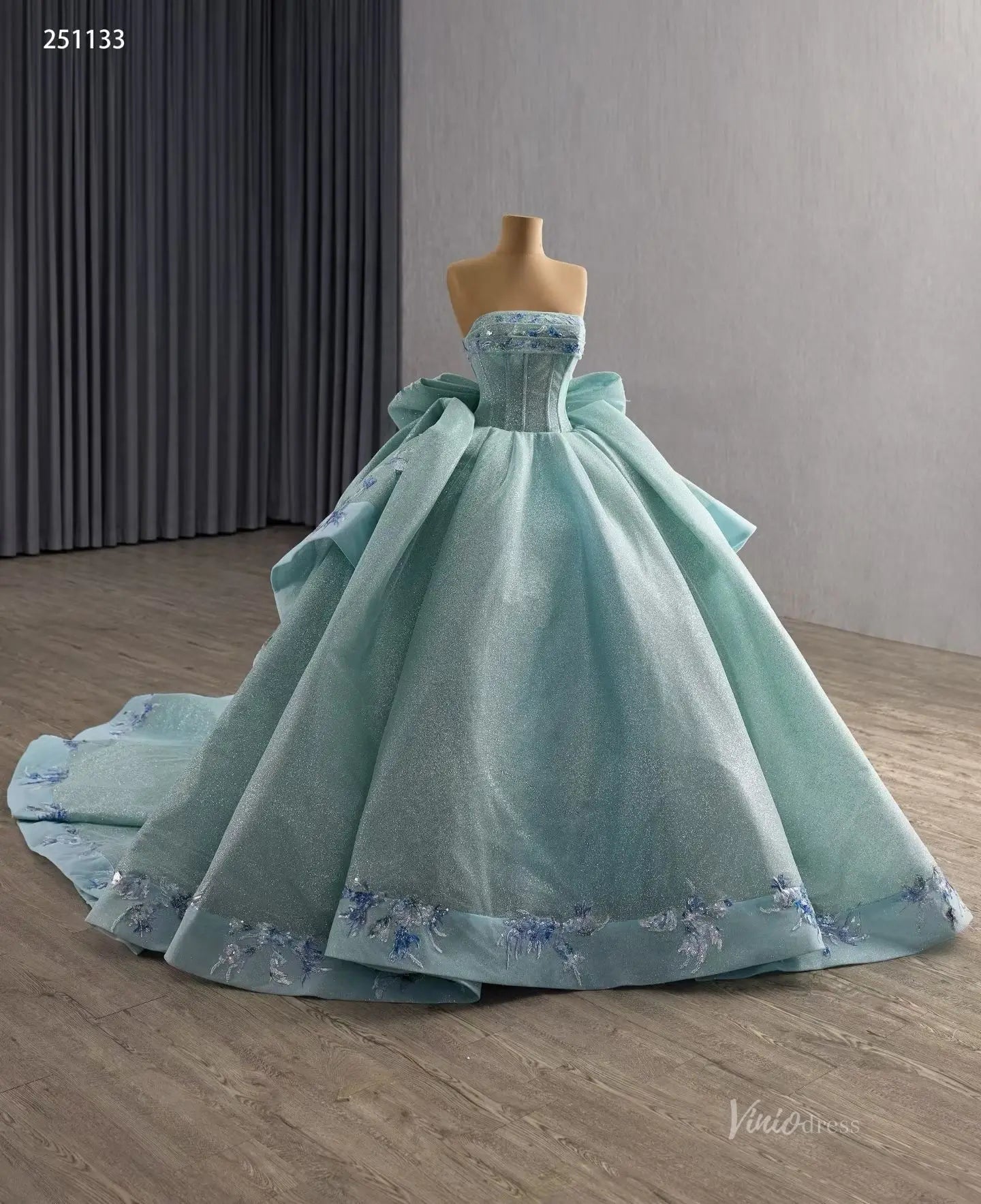 Sparkly Sage Blue Quinceañera Dress | Strapless Ball Gown with Bow Back, Floral Appliques & 1m Train 251133-Quinceanera Dresses 2025 -Viniodress-Sage Blue-Custom Size-