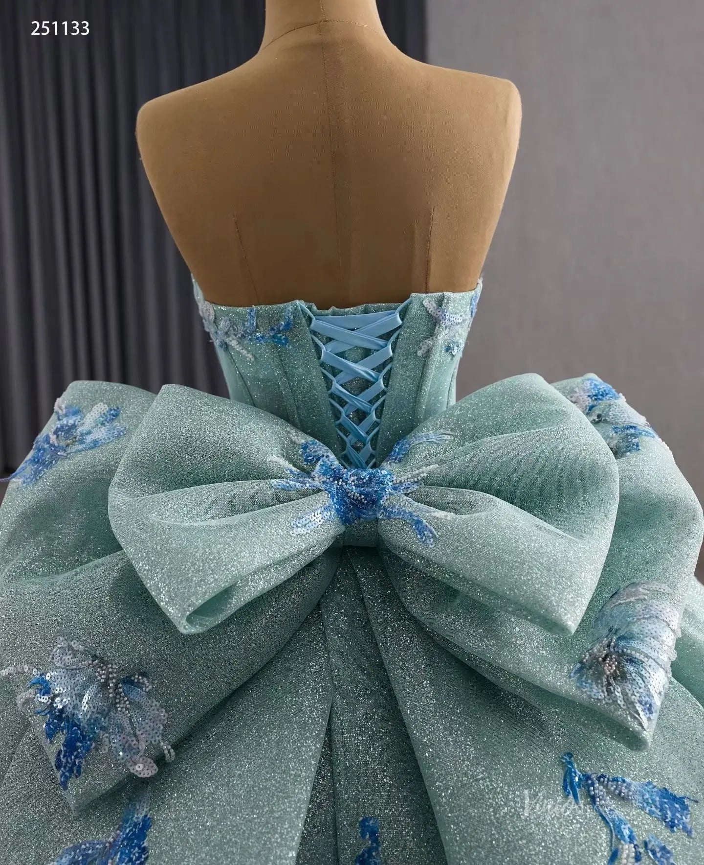 Sparkly Sage Blue Quinceañera Dress | Strapless Ball Gown with Bow Back, Floral Appliques & 1m Train 251133-Quinceanera Dresses 2025 -Viniodress-Sage Blue-Custom Size-