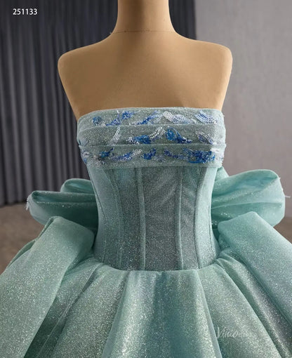 Sparkly Sage Blue Quinceañera Dress | Strapless Ball Gown with Bow Back, Floral Appliques & 1m Train 251133-Quinceanera Dresses 2025 -Viniodress-Sage Blue-Custom Size-