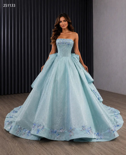 Sparkly Sage Blue Quinceañera Dress | Strapless Ball Gown with Bow Back, Floral Appliques & 1m Train 251133-Quinceanera Dresses 2026-Viniodress-Sage Blue-Custom Size – Add Measurements in Cart-