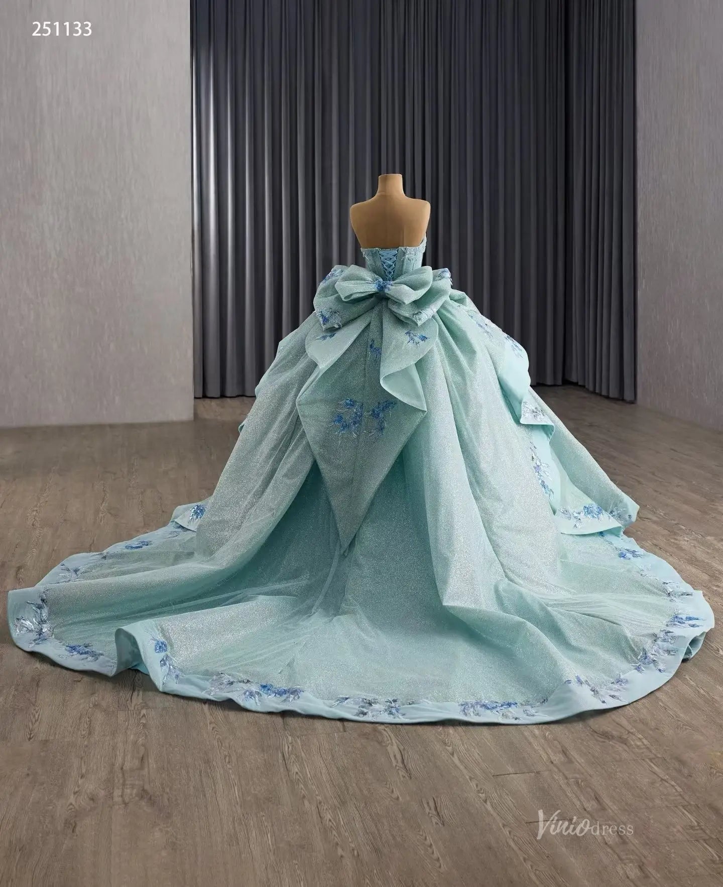 Sparkly Sage Blue Quinceañera Dress | Strapless Ball Gown with Bow Back, Floral Appliques & 1m Train 251133-Quinceanera Dresses 2025 -Viniodress-Sage Blue-Custom Size-