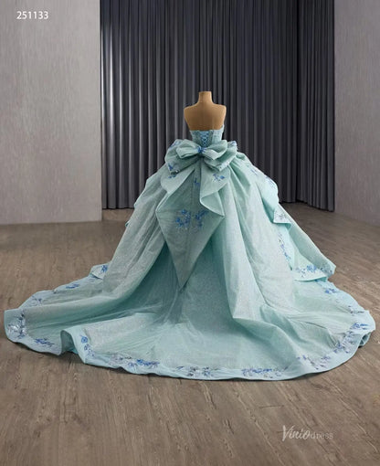 Sparkly Sage Blue Quinceañera Dress | Strapless Ball Gown with Bow Back, Floral Appliques & 1m Train 251133-Quinceanera Dresses 2025 -Viniodress-Sage Blue-Custom Size-