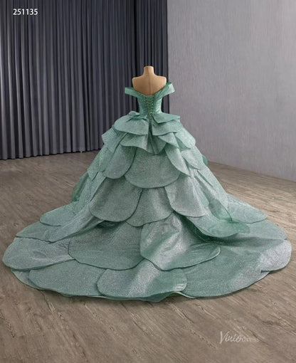 Sparkly Sage Green Layered Quinceañera Dress | Off-Shoulder Petal Ball Gown with Corset Back & 1m Train 251135-Quinceanera Dresses 2025 -Viniodress-Sage Green-Custom Size-