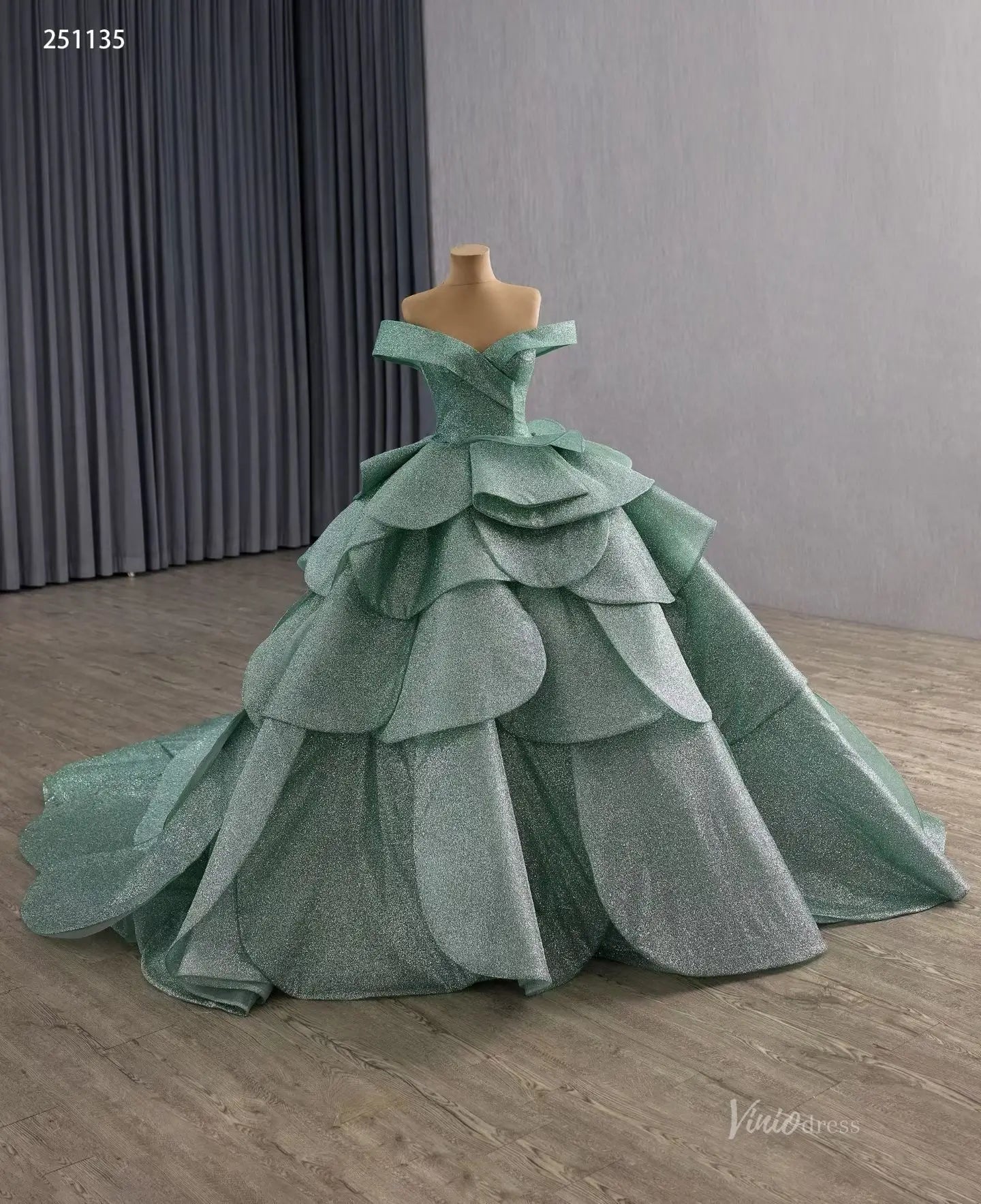 Sparkly Sage Green Layered Quinceañera Dress | Off-Shoulder Petal Ball Gown with Corset Back & 1m Train 251135-Quinceanera Dresses 2025 -Viniodress-Sage Green-Custom Size-