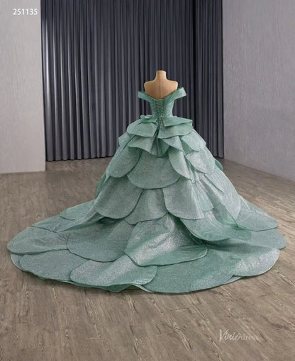 Sparkly Sage Green Layered Quinceañera Dress | Off-Shoulder Petal Ball Gown with Corset Back & 1m Train 251135-Quinceanera Dresses 2025 -Viniodress-Sage Green-Custom Size-