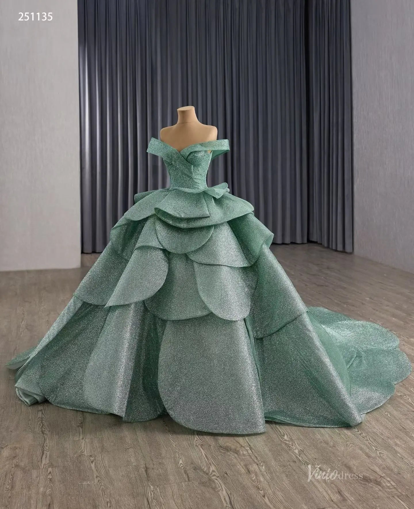 Sparkly Sage Green Layered Quinceañera Dress | Off-Shoulder Petal Ball Gown with Corset Back & 1m Train 251135-Quinceanera Dresses 2025 -Viniodress-Sage Green-Custom Size-