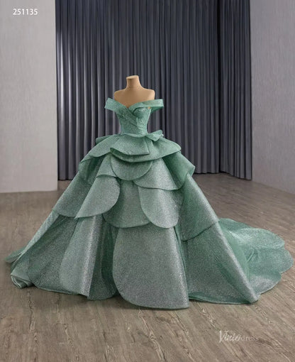 Sparkly Sage Green Layered Quinceañera Dress | Off-Shoulder Petal Ball Gown with Corset Back & 1m Train 251135-Quinceanera Dresses 2025 -Viniodress-Sage Green-Custom Size-