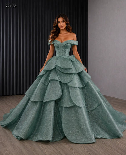 Sparkly Sage Green Layered Quinceañera Dress | Off-Shoulder Petal Ball Gown with Corset Back & 1m Train 251135-Quinceanera Dresses 2026-Viniodress-Sage Green-Custom Size – Add Measurements in Cart-