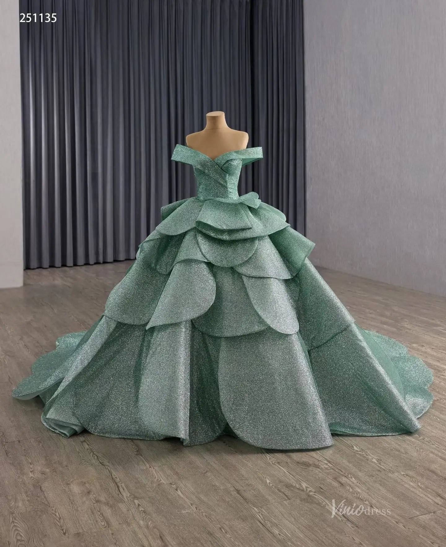 Sparkly Sage Green Layered Quinceañera Dress | Off-Shoulder Petal Ball Gown with Corset Back & 1m Train 251135-Quinceanera Dresses 2025 -Viniodress-Sage Green-Custom Size-