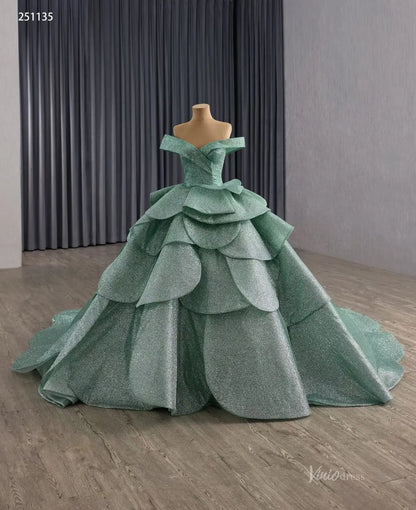 Sparkly Sage Green Layered Quinceañera Dress | Off-Shoulder Petal Ball Gown with Corset Back & 1m Train 251135-Quinceanera Dresses 2025 -Viniodress-Sage Green-Custom Size-