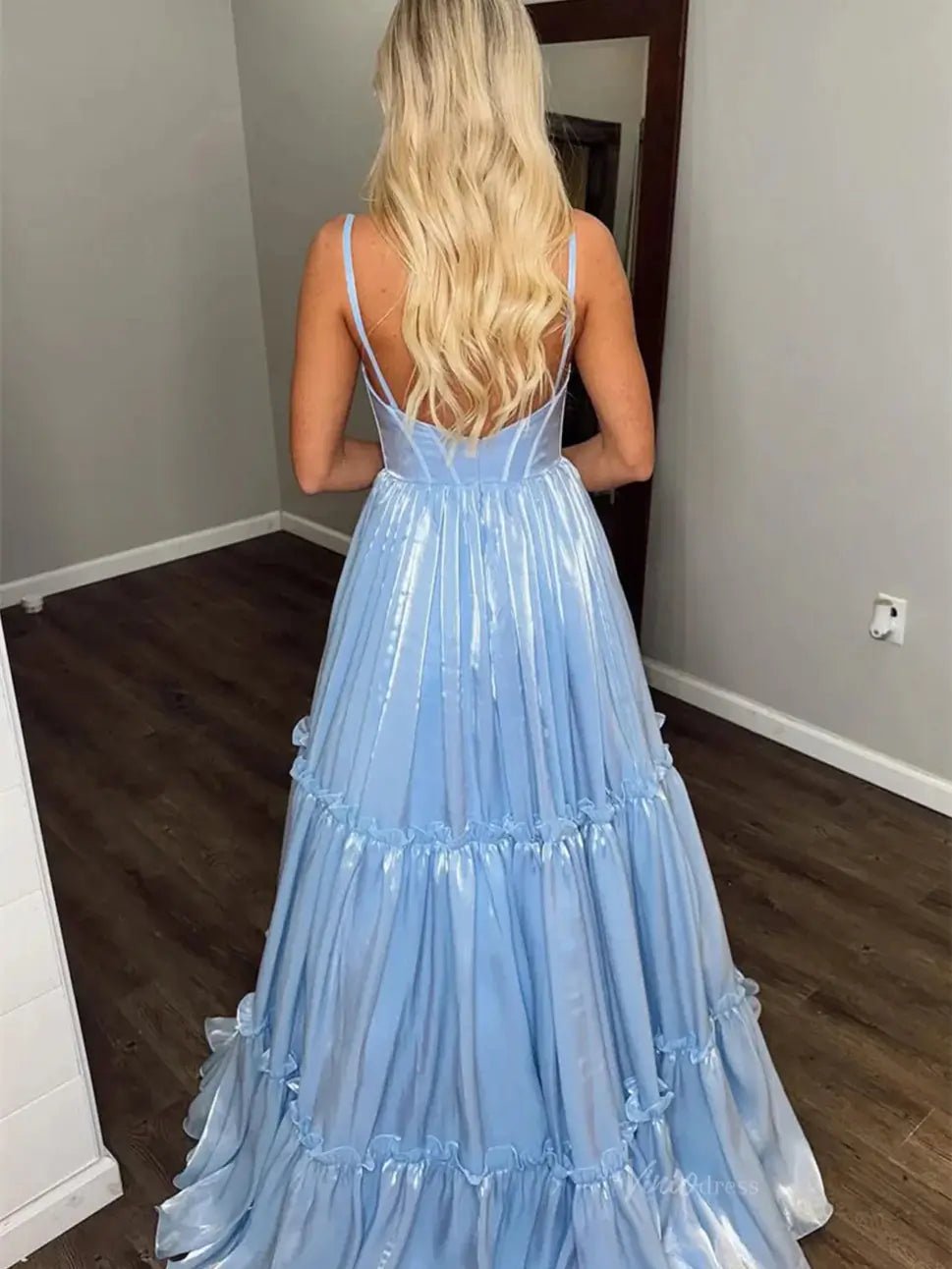 Sparkly Satin Prom Dresses 2025 Spaghetti Strap V-Neck Formal Gown - FD5147-prom dresses 2025 -Viniodress-Blue-Custom Size-