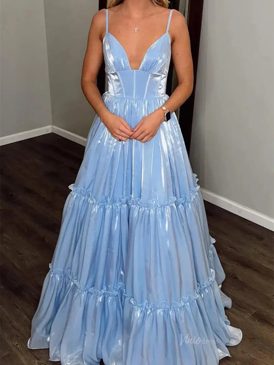 prom dresses 2025 Sparkly Satin Prom Dresses 2025 Spaghetti Strap V-Neck Formal Gown - FD5147-plus size wedding dresses Viniodress-Blue-Custom Size-