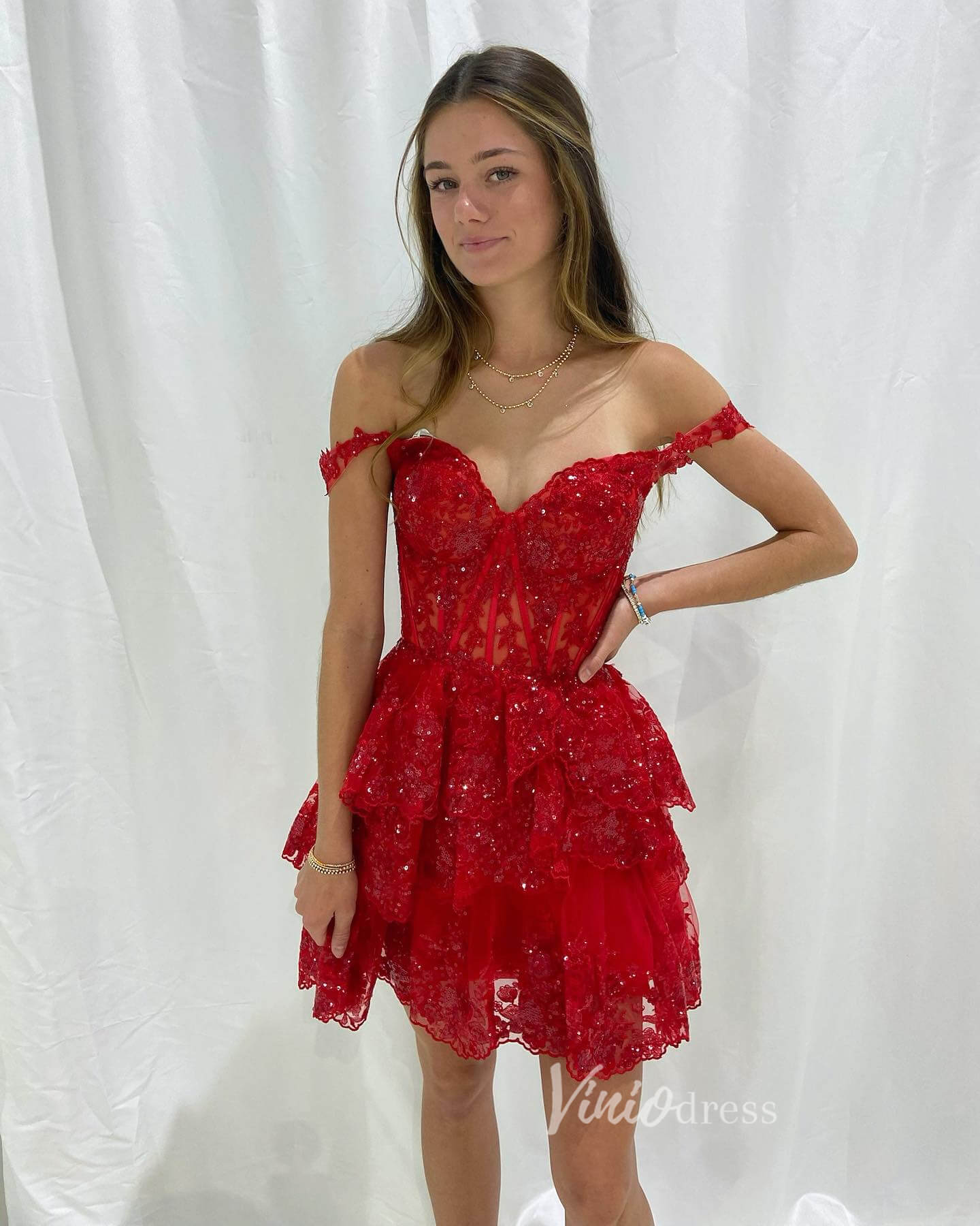 Sparkly Sequin Lace Homecoming Dresses Ruffled Off the Shoulder Short Prom Dress SD1636-prom dresses 2025 -Viniodress-Burgundy-Custom Size-