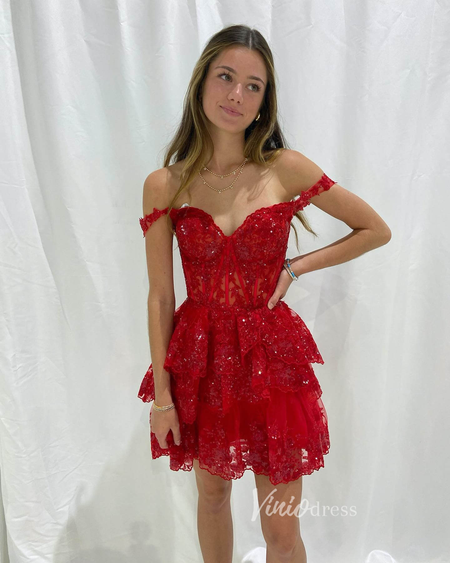 Sparkly Sequin Lace Homecoming Dresses Ruffled Off the Shoulder Short Prom Dress SD1636-prom dresses 2025 -Viniodress-Burgundy-Custom Size-