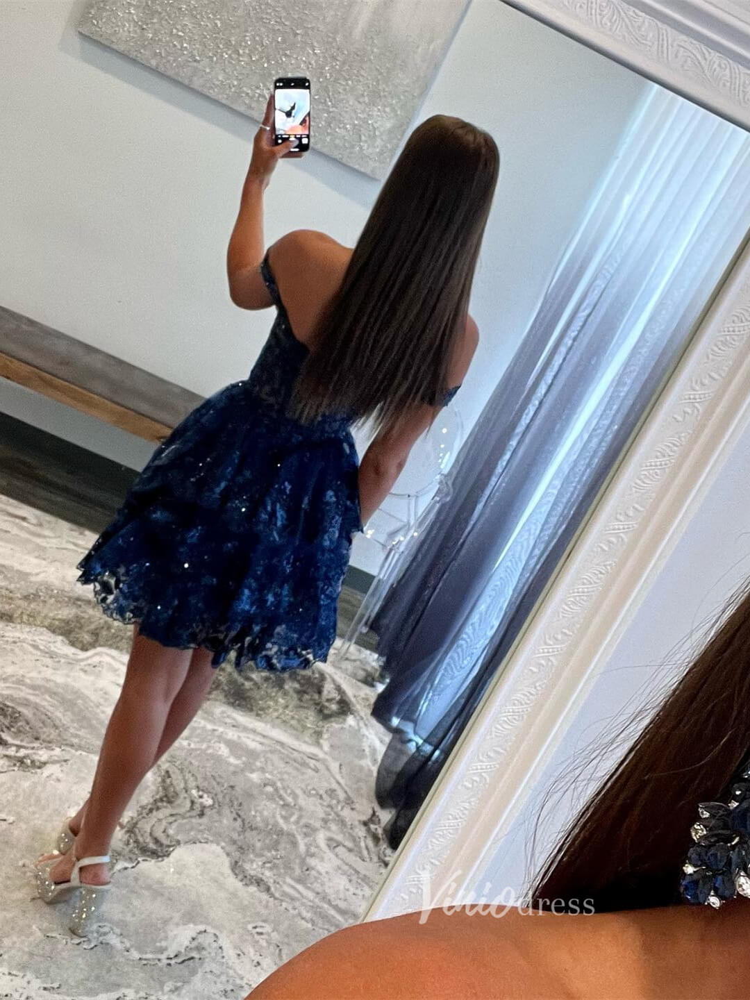 Sparkly Sequin Lace Homecoming Dresses Ruffled Off the Shoulder Short Prom Dress SD1636-prom dresses 2025 -Viniodress-Burgundy-Custom Size-