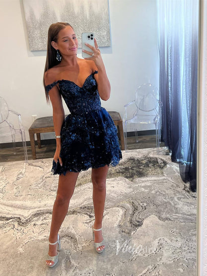 Sparkly Sequin Lace Homecoming Dresses Ruffled Off the Shoulder Short Prom Dress SD1636-prom dresses 2025 -Viniodress-Burgundy-Custom Size-