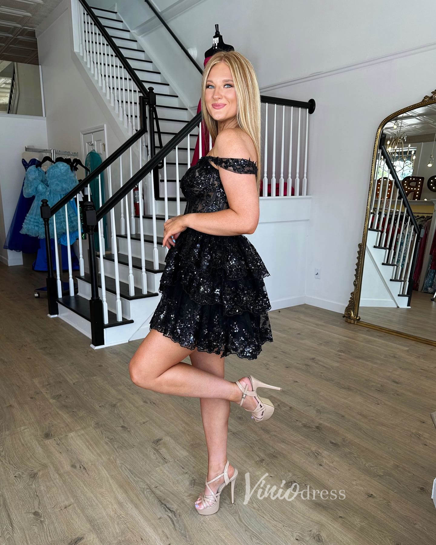 Sparkly Sequin Lace Homecoming Dresses Ruffled Off the Shoulder Short Prom Dress SD1636-prom dresses 2025 -Viniodress-Burgundy-Custom Size-