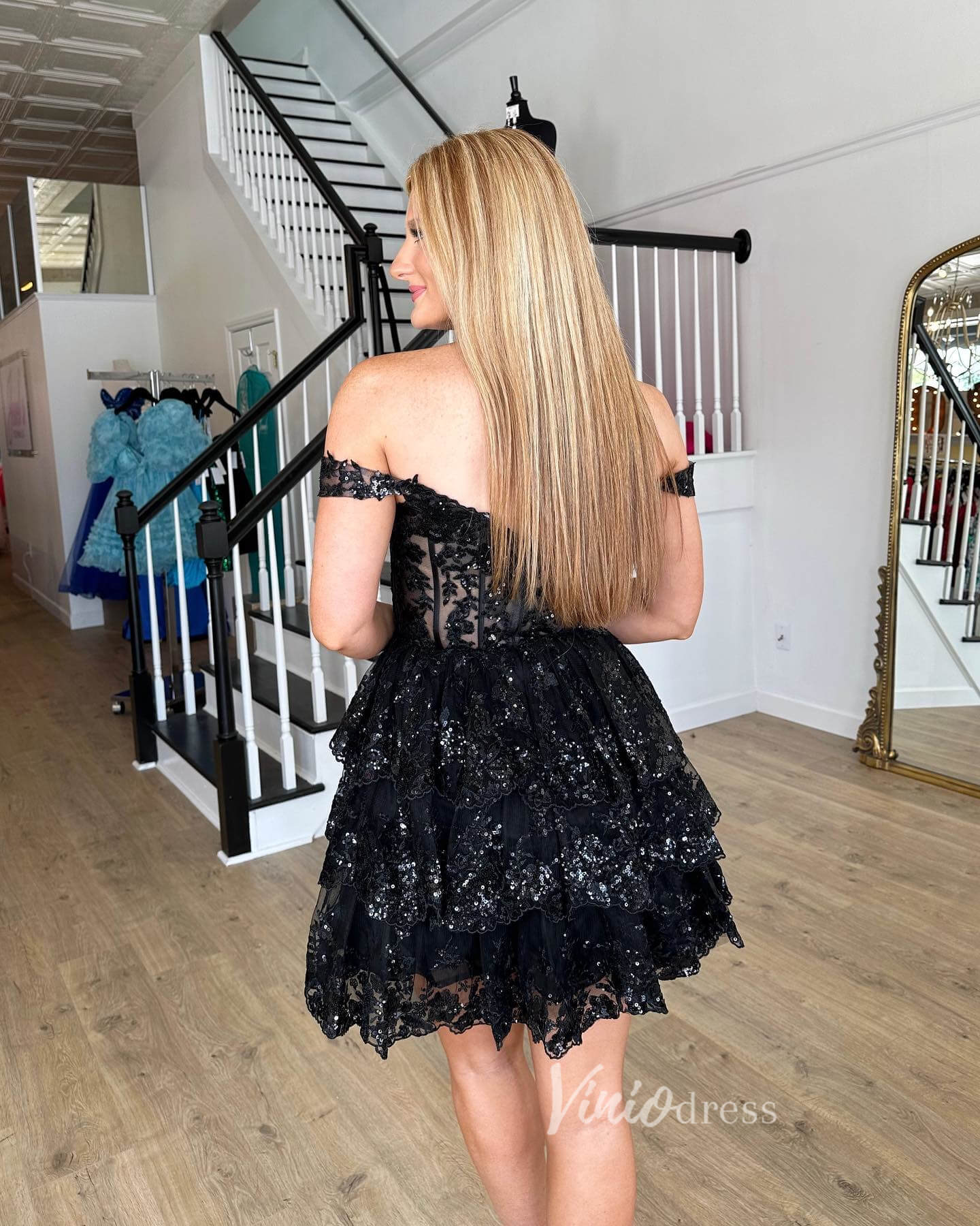 Sparkly Sequin Lace Homecoming Dresses Ruffled Off the Shoulder Short Prom Dress SD1636-prom dresses 2025 -Viniodress-Burgundy-Custom Size-