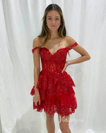Sparkly Sequin Lace Homecoming Dresses Ruffled Off the Shoulder Short Prom Dress SD1636-prom dresses 2025 -Viniodress-Red-Custom Size-