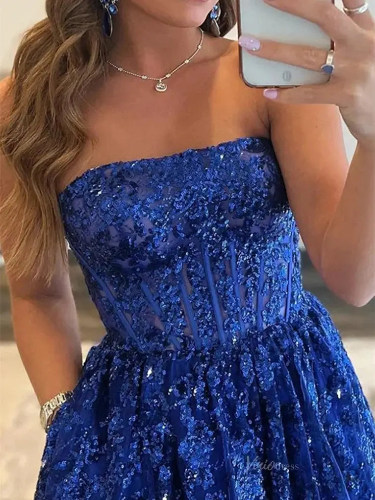 prom dresses 2025 Sparkly Sequin Lace Prom Dresses with Pockets Strapless Formal Dress - FD5138-plus size wedding dresses Viniodress-Blue-Custom Size-