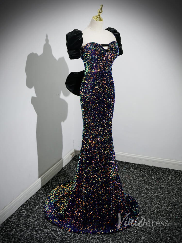 Sparkly Sequin Mermaid Prom Dresses Bow-Tie Puffed Sleeve Evening Dress 90053-prom dresses 2025 -Viniodress-Blue-Custom Size-