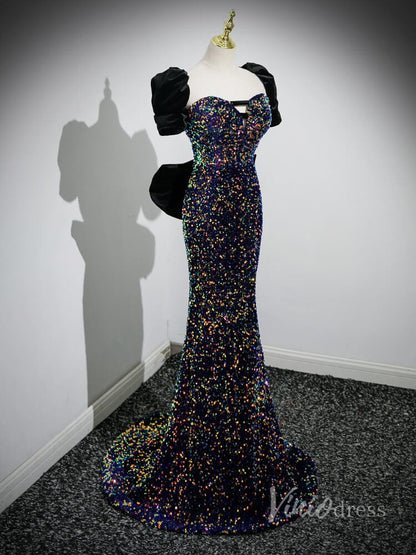 Sparkly Sequin Mermaid Prom Dresses Bow-Tie Puffed Sleeve Evening Dress 90053-prom dresses 2025 -Viniodress-Blue-Custom Size-