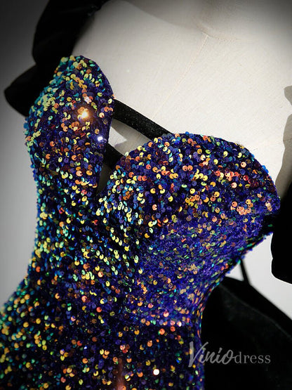 Sparkly Sequin Mermaid Prom Dresses Bow-Tie Puffed Sleeve Evening Dress 90053-prom dresses 2025 -Viniodress-Blue-Custom Size-