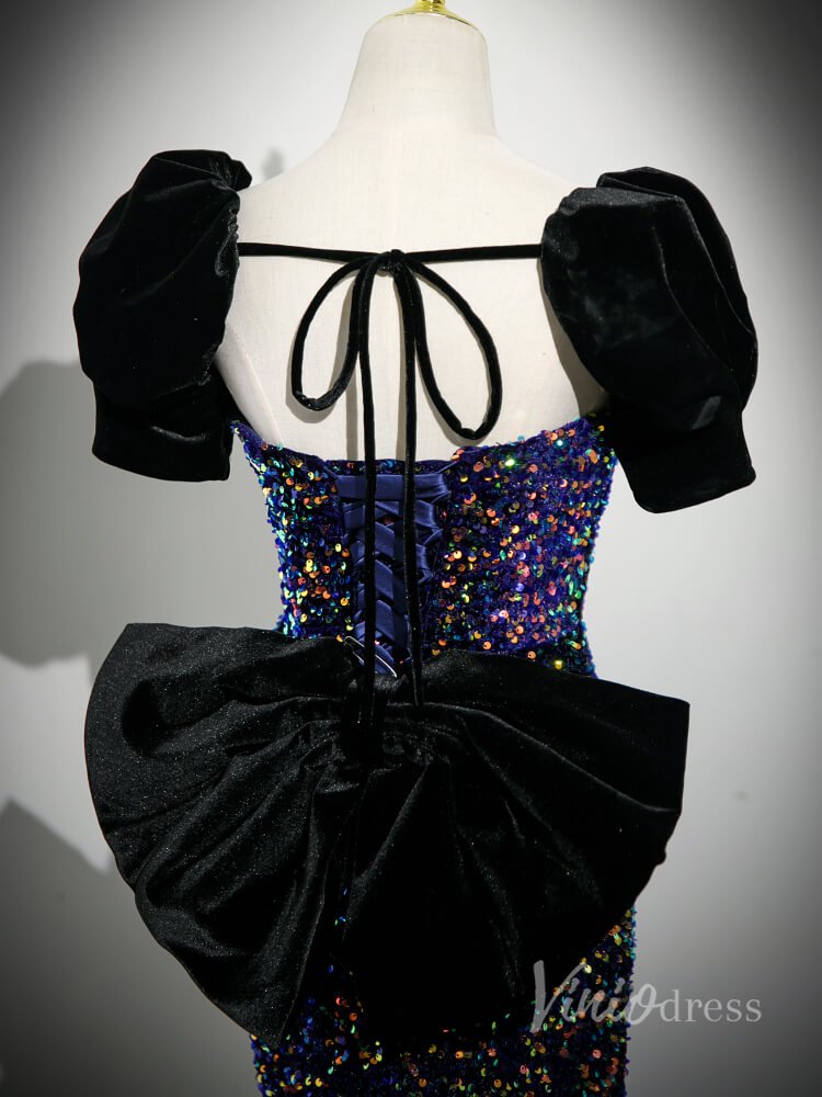 Sparkly Sequin Mermaid Prom Dresses Bow-Tie Puffed Sleeve Evening Dress 90053-prom dresses 2025 -Viniodress-Blue-Custom Size-