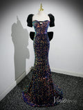 Sparkly Sequin Mermaid Prom Dresses Bow-Tie Puffed Sleeve Evening Dress 90053