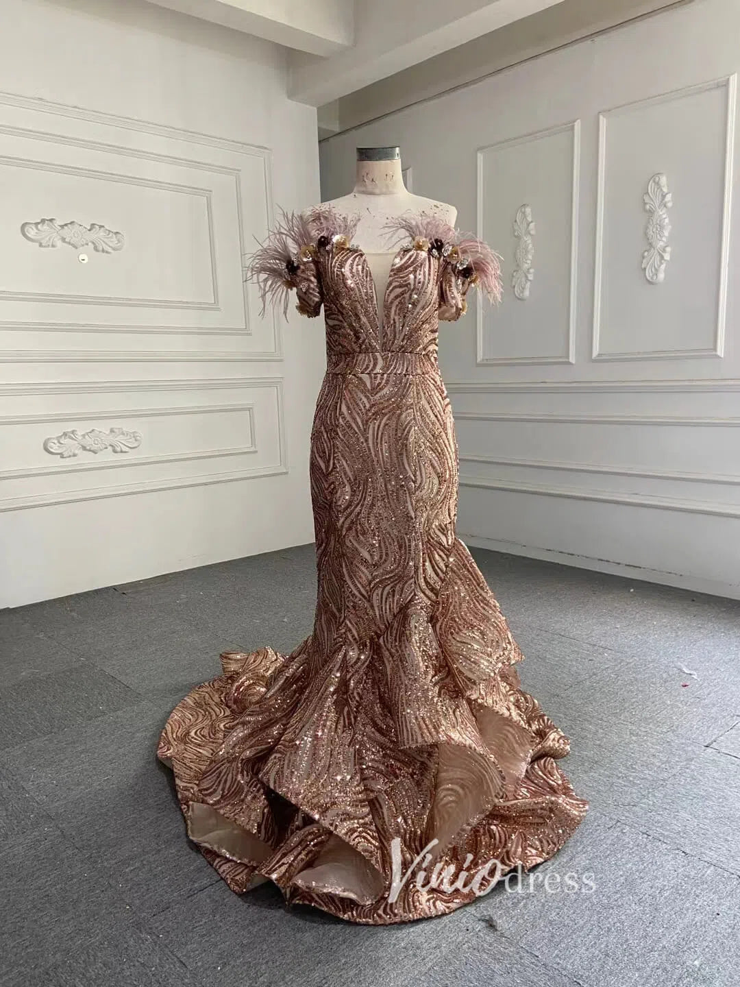 Sparkly Sequin Mermaid Prom Dresses Brown Feather Pageant Gowns 66749-prom dresses 2025 -Viniodress-Rose Gold-US 2-